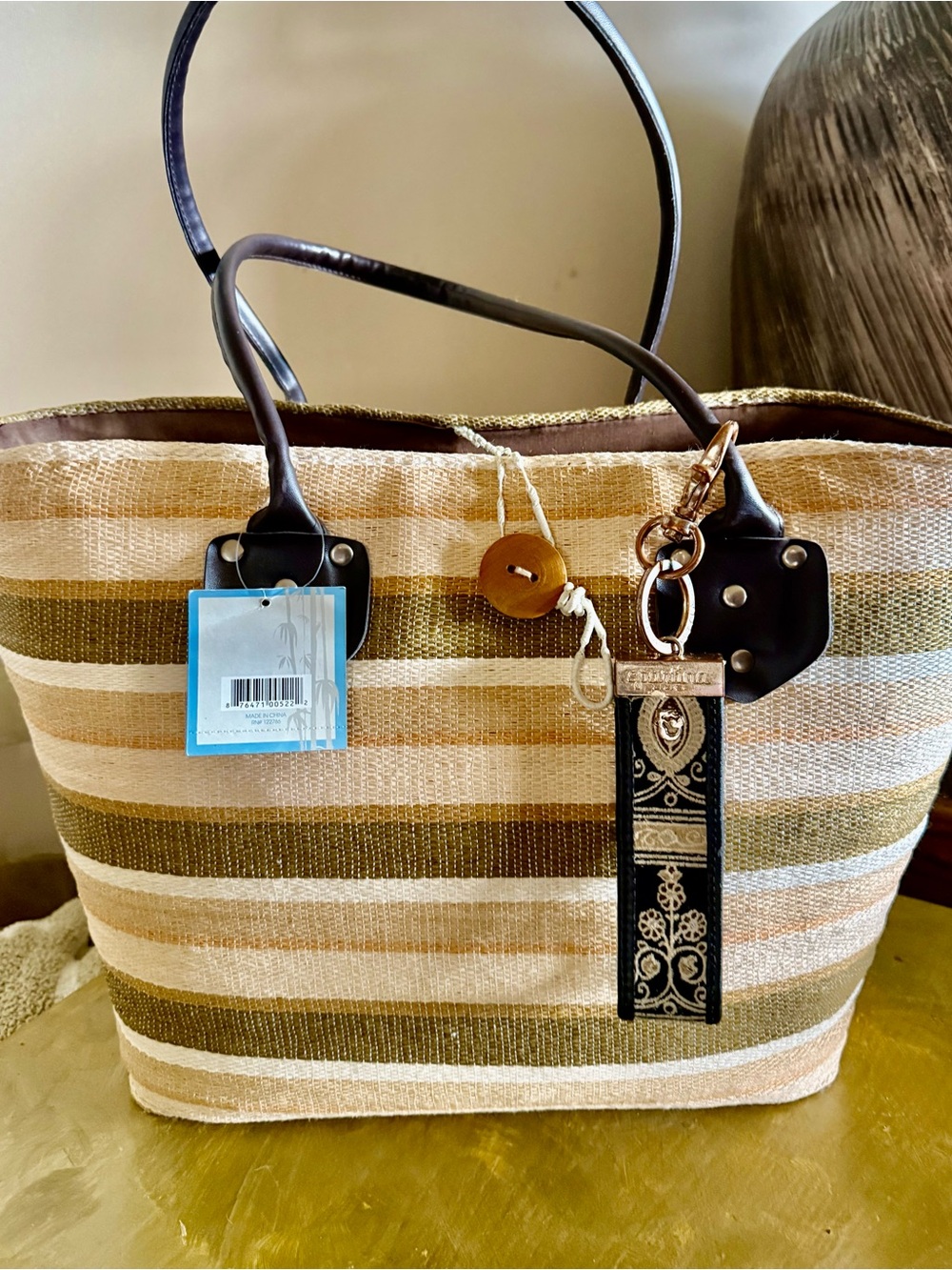 Striped Straw Tote Bag with Spartina Key Ring